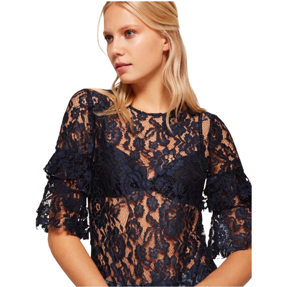Reformation Marie Sheer Lace Ruffle Sleeve Crewneck Blouse
